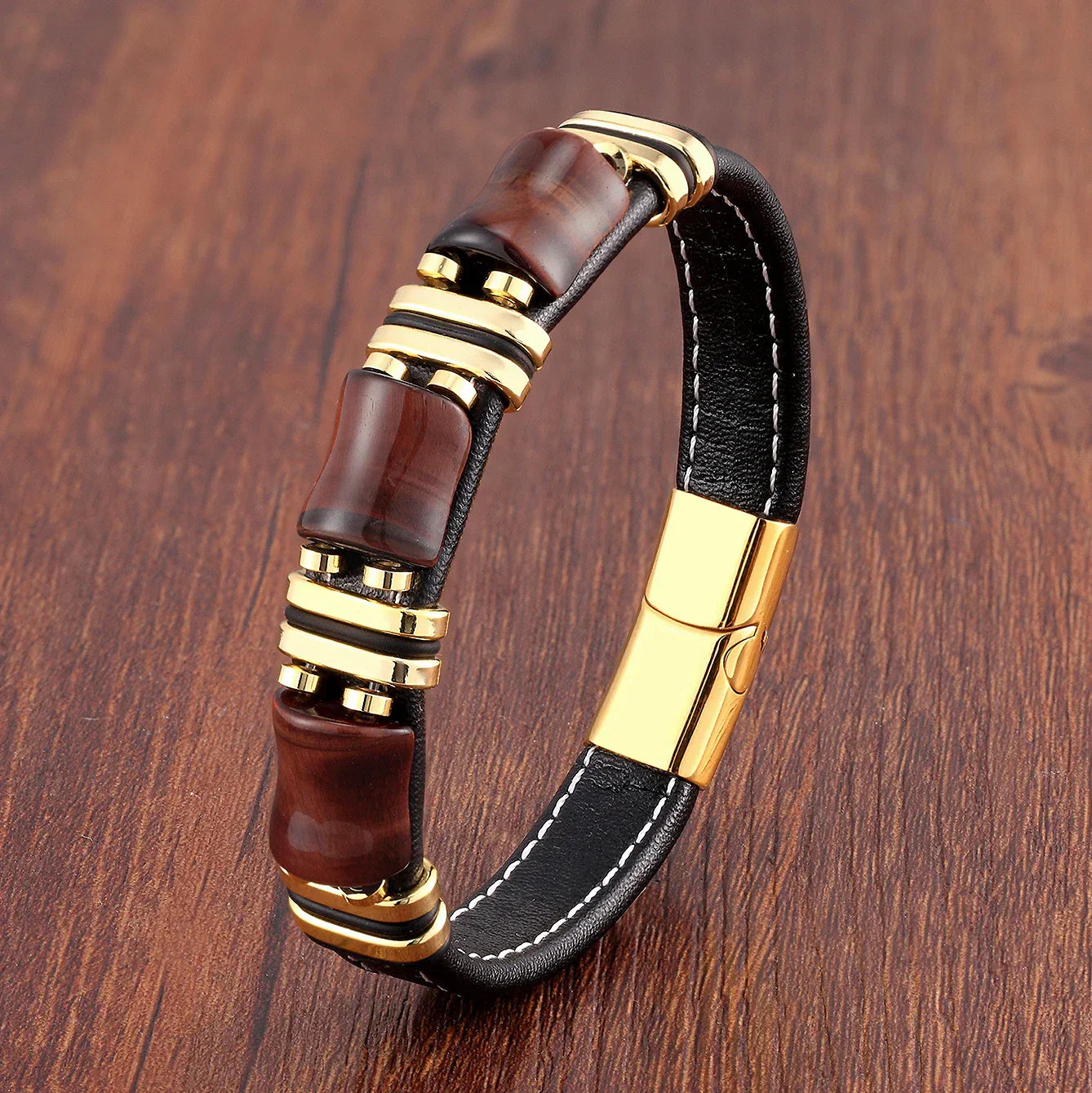 Armband aus Leder und Gold | Herrenschmuck mit Tigeraugenperlen