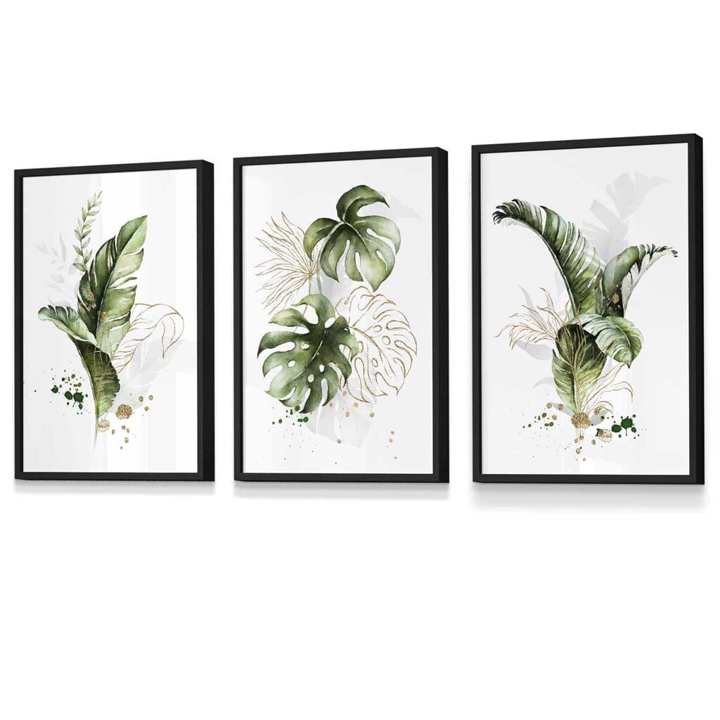 Botanisches Set aus 3 grünen und goldenen Blumen-Wandbildern in Rahmen