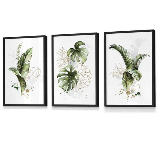 Botanisches Set aus 3 grünen und goldenen Blumen-Wandbildern in Rahmen