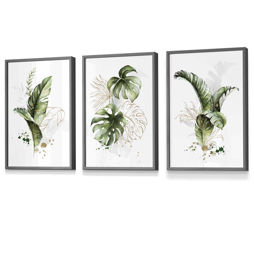 Botanisches Set aus 3 grünen und goldenen Blumen-Wandbildern in Rahmen