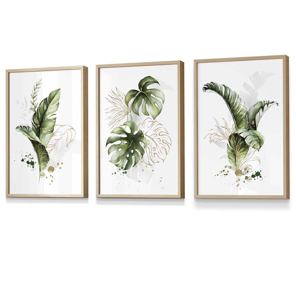 Botanisches Set aus 3 grünen und goldenen Blumen-Wandbildern in Rahmen
