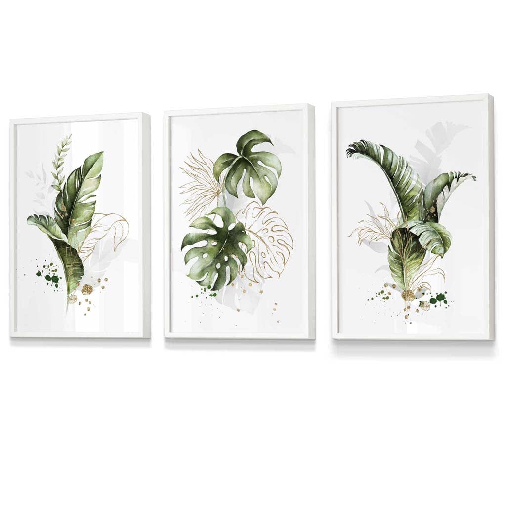 Botanisches Set aus 3 grünen und goldenen Blumen-Wandbildern in Rahmen