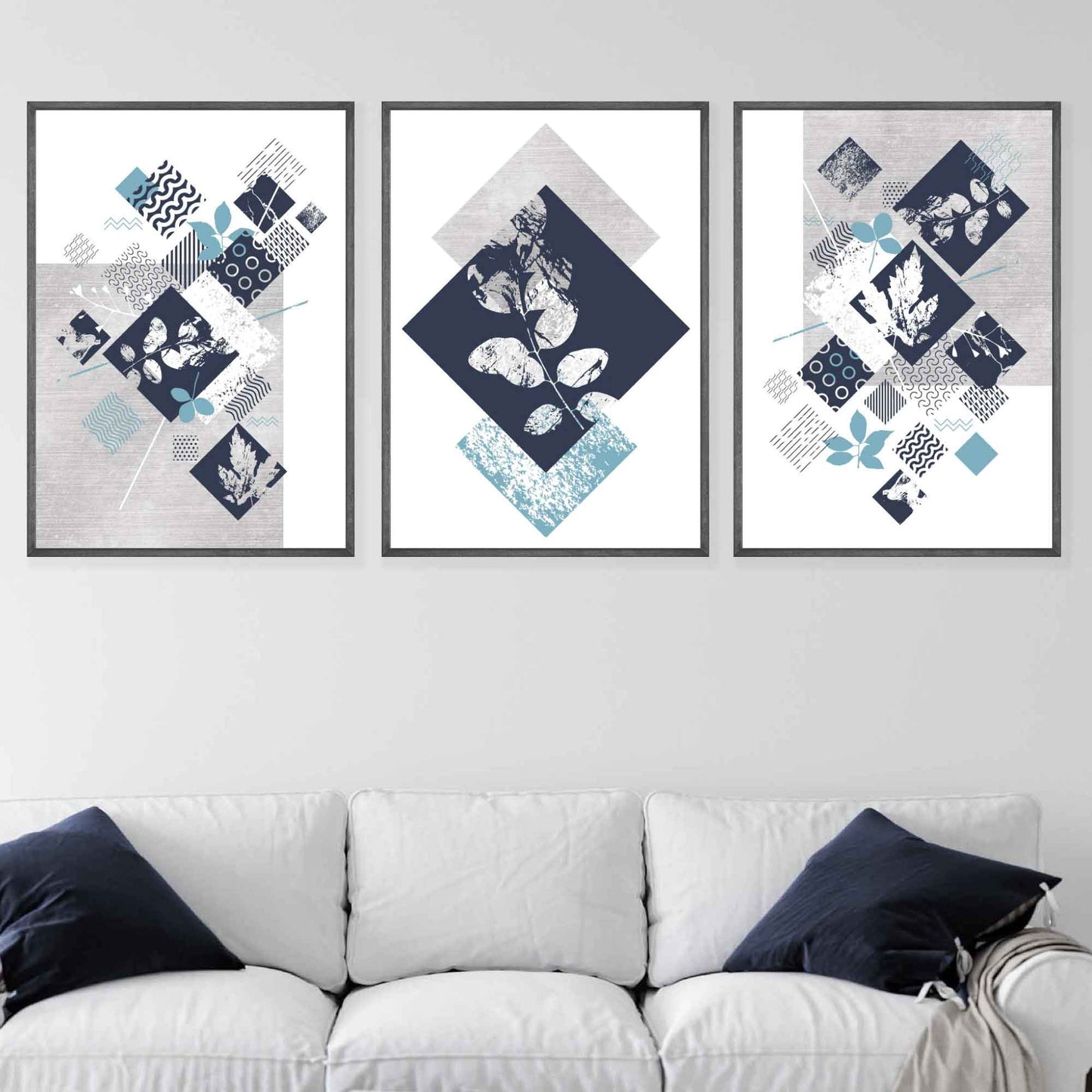 BOTANISCH Set aus 3 abstrakten geometrischen Blumendrucken in Marineblau und Türkis