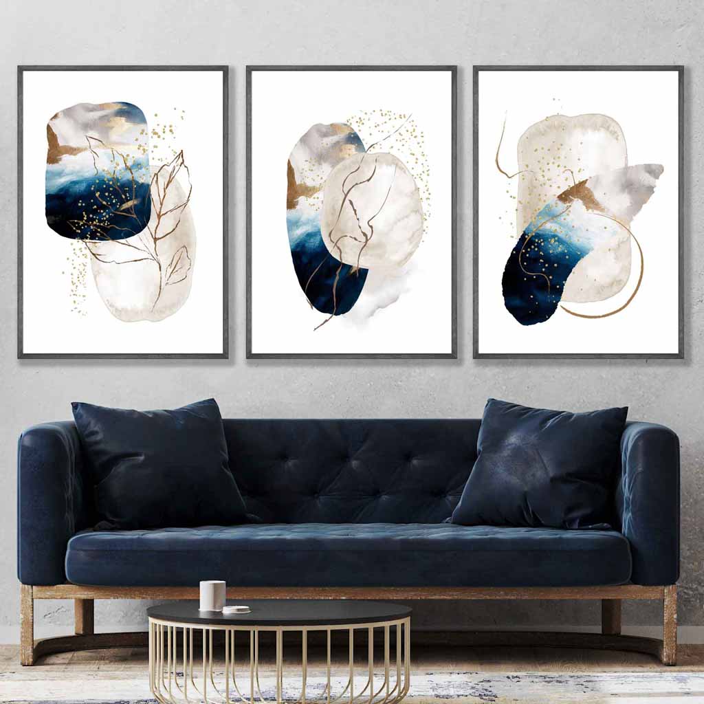 Abstraktes, strukturiertes Wandbild-Set in Marineblau, Elfenbein und Gold (3-teilig)