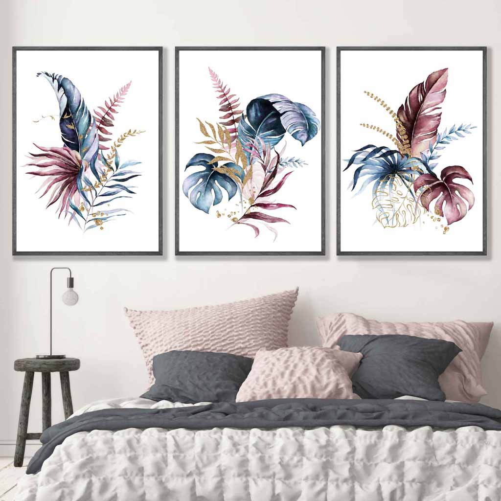 Botanisches Set aus 3 rosa-blauen floralen Wandbildern