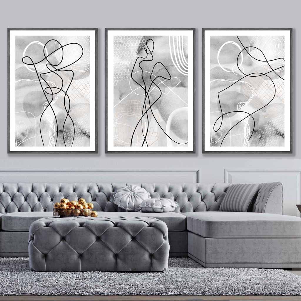 Abstraktes Set aus 3 Mode-Linienkunst-Wandbildern in Schwarz und Grau