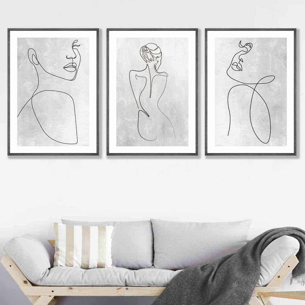 Abstrakte Linienkunst Frau Grau Wandkunst Set mit 3 gerahmten Drucken