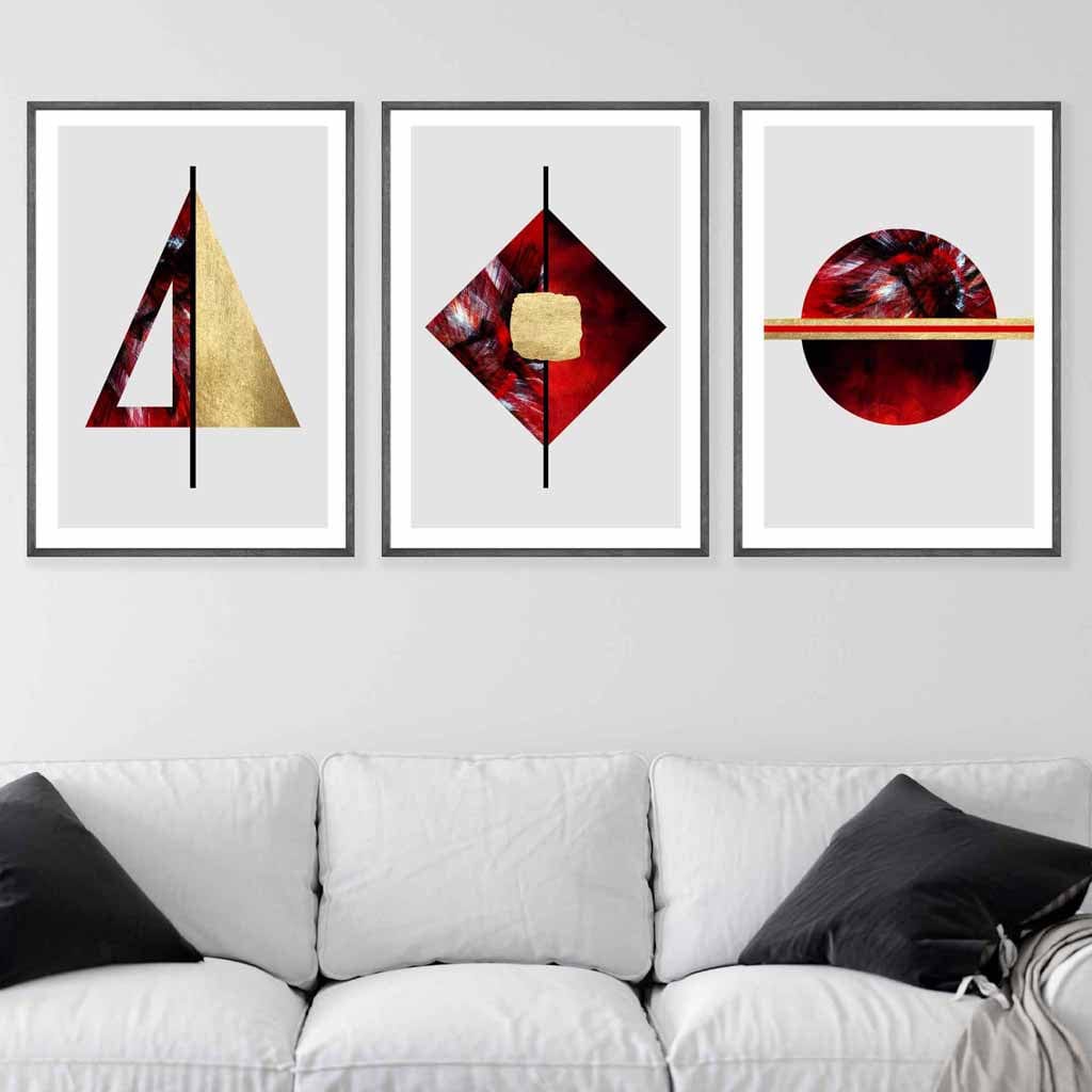Art-Deco-Set aus 3 Wandbildern in Rot, Schwarz und Gold