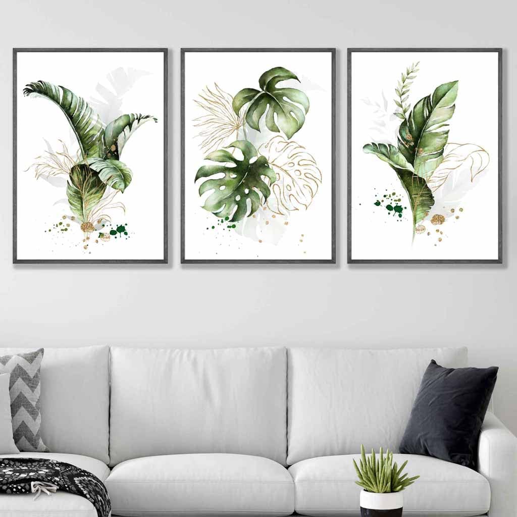 Botanisches Set aus 3 grünen und goldenen floralen Wandbildern