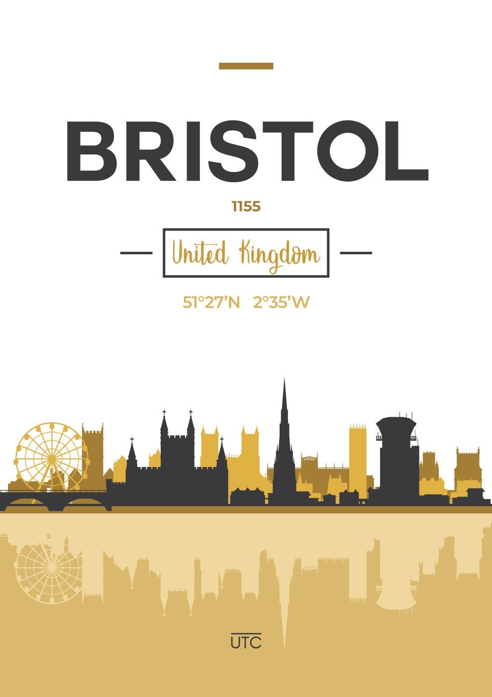 Bristol Skyline, Stadtansicht von Bristol, England, Kunstdruck in Gelb und Grau, Wandbild, Poster, Dekoration für Zuhause