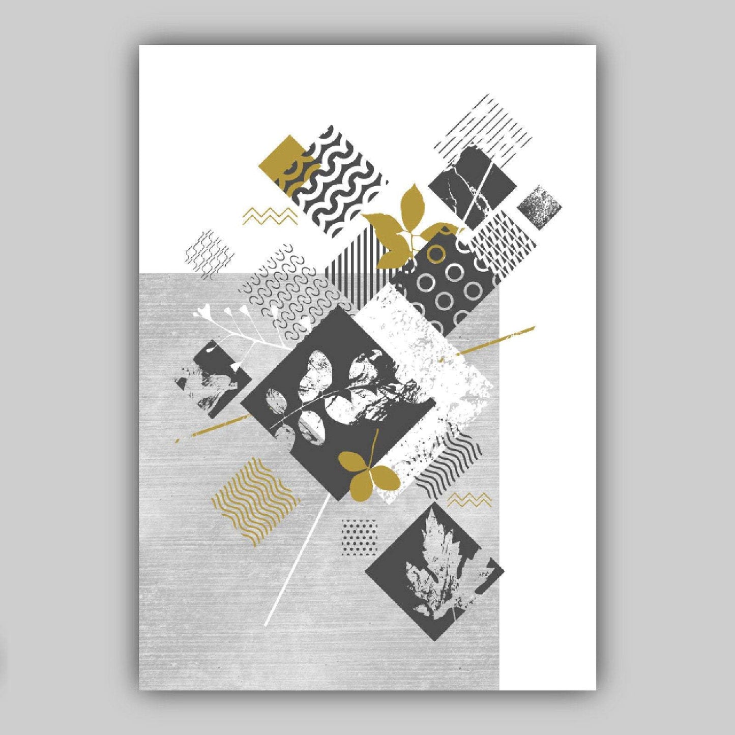 BOTANISCH Set aus 3 abstrakten GEOMETRISCHEN grauen und senffarbenen Blumendrucken