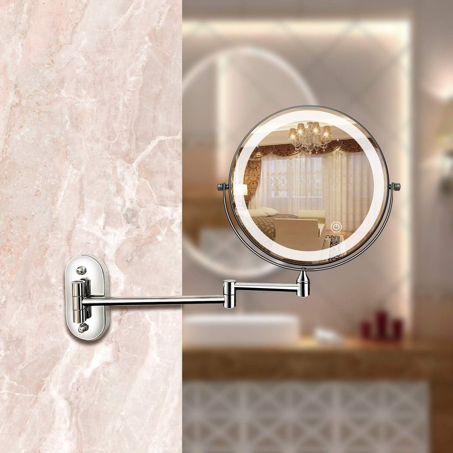 LED-Wandspiegel mit Chromrahmen und Vergrößerungsglas