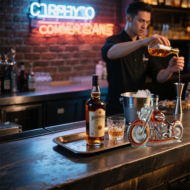 Whiskykaraffe in Form eines Harley-Davidson-Motorrads für die Hausbar