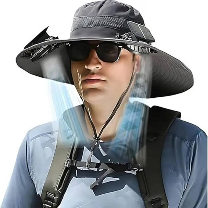 Outdoor Breitkrempiger Sonnenhut mit 2 Solarventilatoren, UV-Schutz für Männer und Frauen, Kühlhut für Camping und Wandern | Brehn