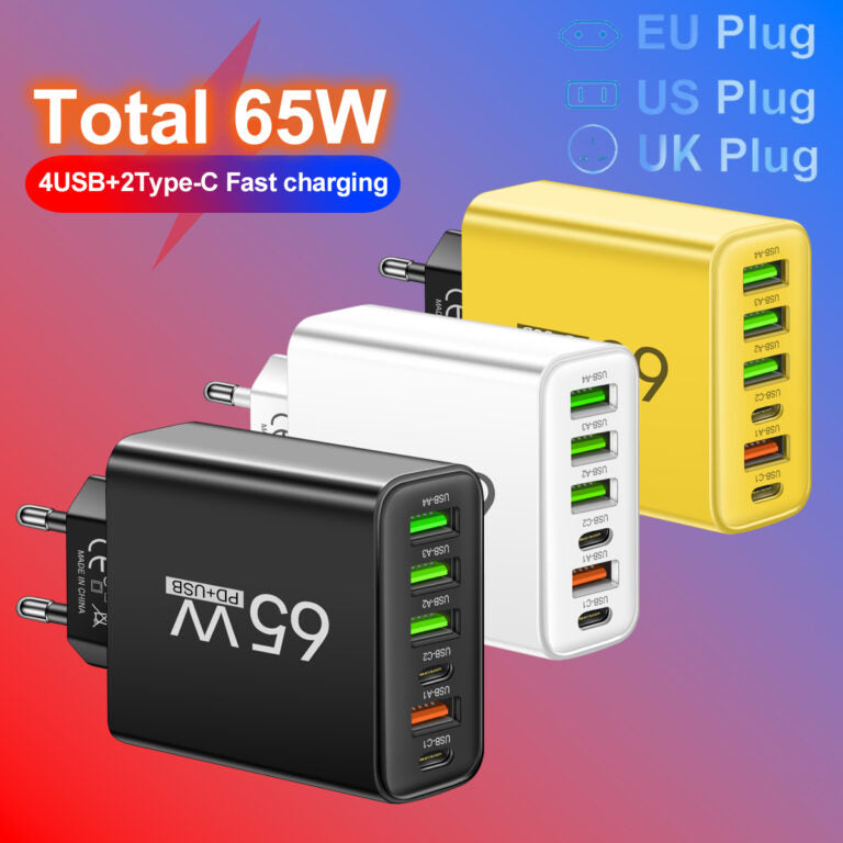 Brehn | PowerMax 65W 6-in-1 Schnellladegerät – Laden Sie bis zu 6 Geräte gleichzeitig – Ideal für Zuhause, Büro und Reisen