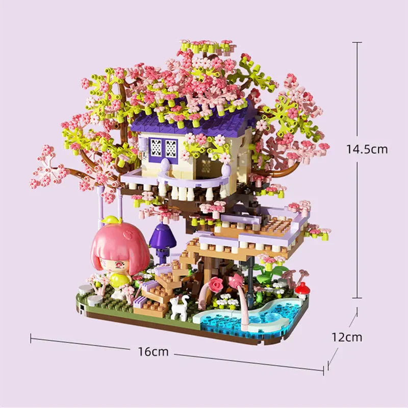 Brehn | Kawaii Sakura Kirschblüten lila Baumhaus Nano Bau Set
