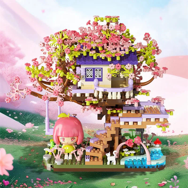 Brehn | Kawaii Sakura Kirschblüten lila Baumhaus Nano Bau Set