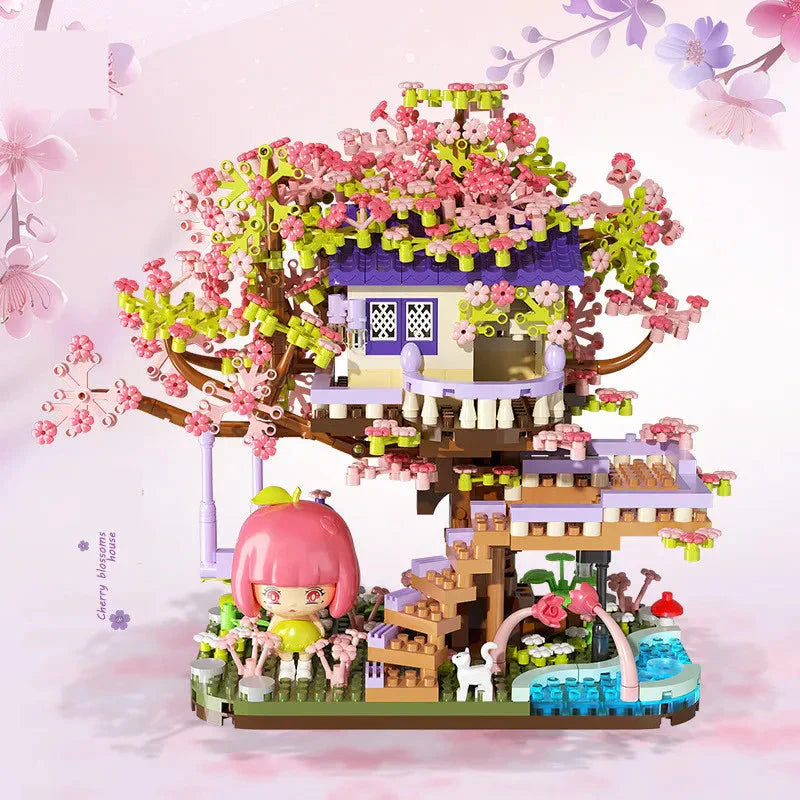 Brehn | Kawaii Sakura Kirschblüten lila Baumhaus Nano Bau Set