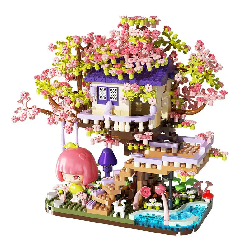 Brehn | Kawaii Sakura Kirschblüten lila Baumhaus Nano Bau Set