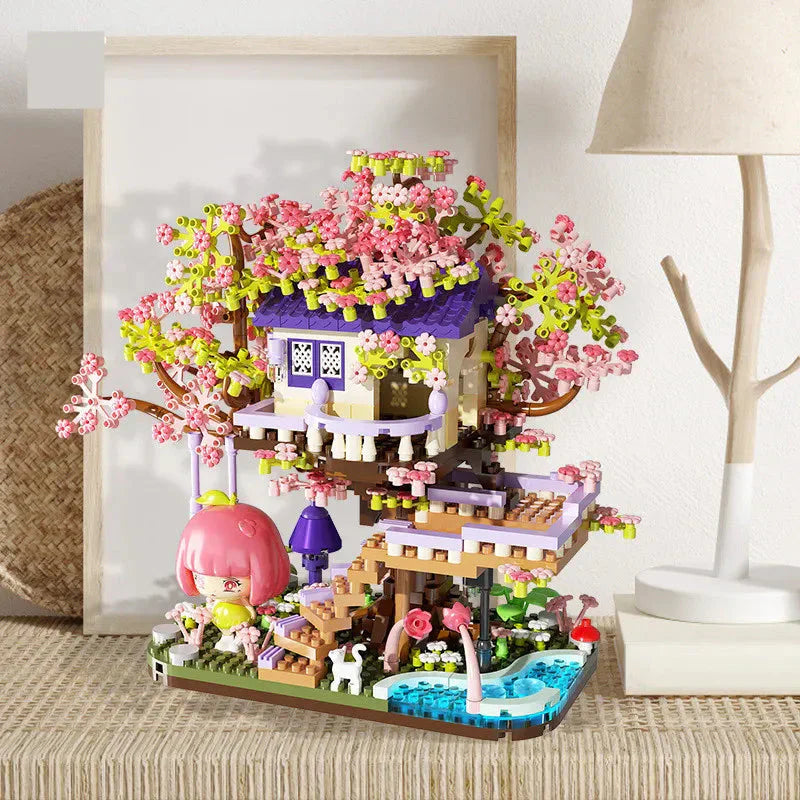 Brehn | Kawaii Sakura Kirschblüten lila Baumhaus Nano Bau Set