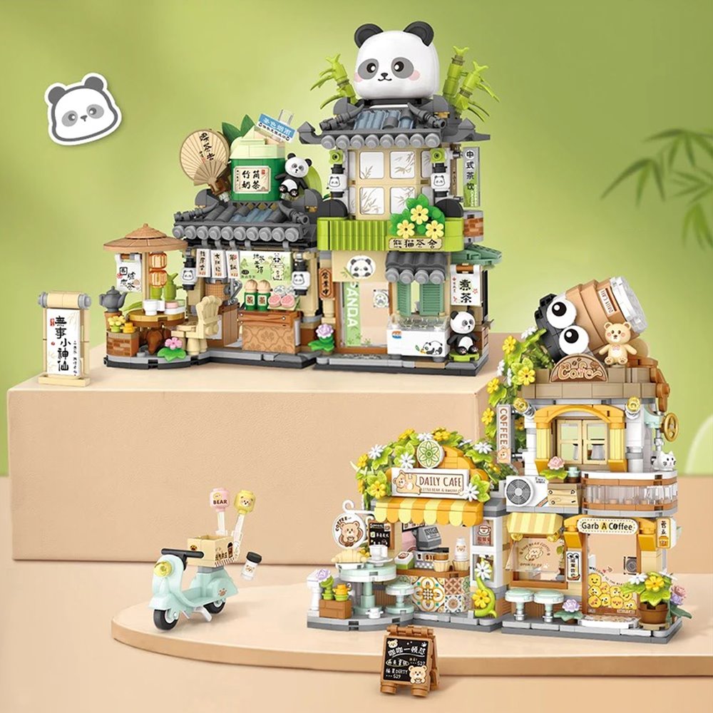 Brehn | Panda und Braunbär Tee Cafés Mikro-Bau-Set Kollektion