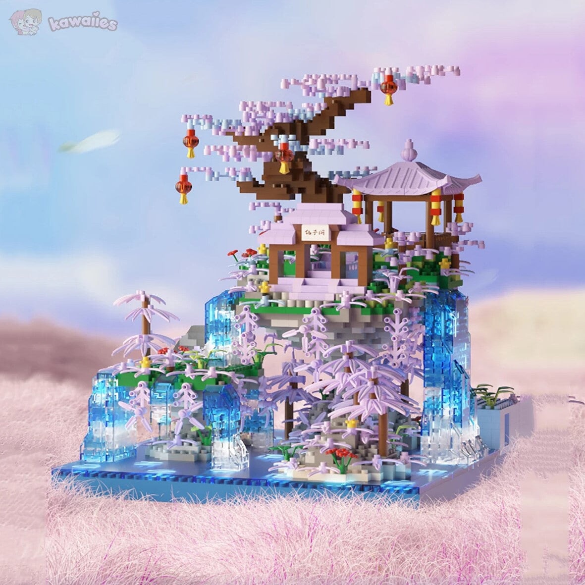 Brehn | Lila Sakura Floating Pavilion Wasserfall Insel Nano Baukasten