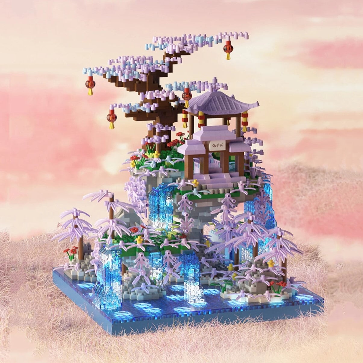 Brehn | Lila Sakura Floating Pavilion Wasserfall Insel Nano Baukasten