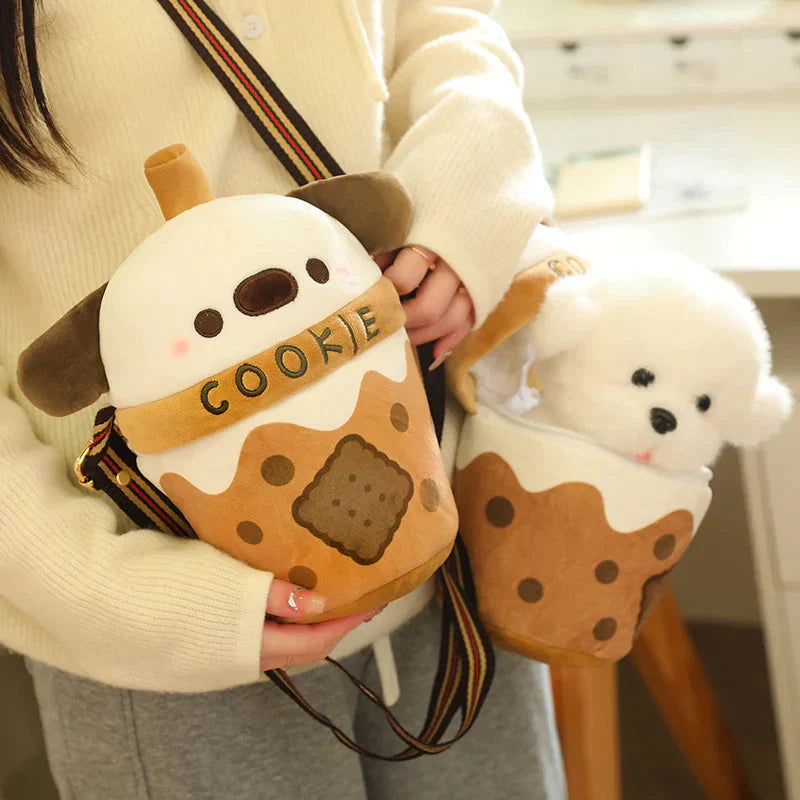 Brehn | Weißer Bichon Frisé Plüsch Bubble Tea Keks Tasche
