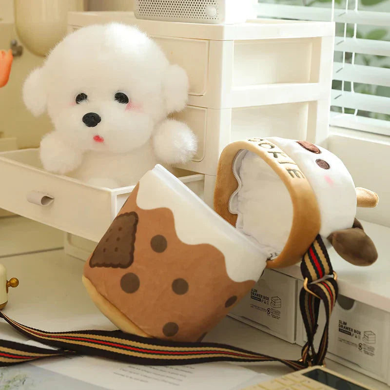 Brehn | Weißer Bichon Frisé Plüsch Bubble Tea Keks Tasche