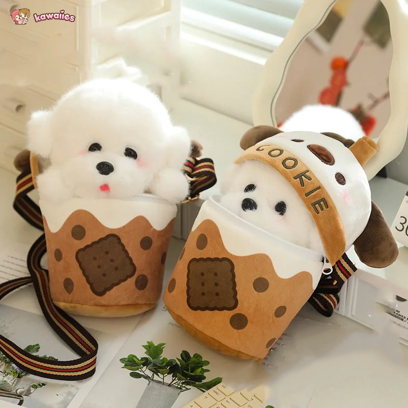 Brehn | Weißer Bichon Frisé Plüsch Bubble Tea Keks Tasche