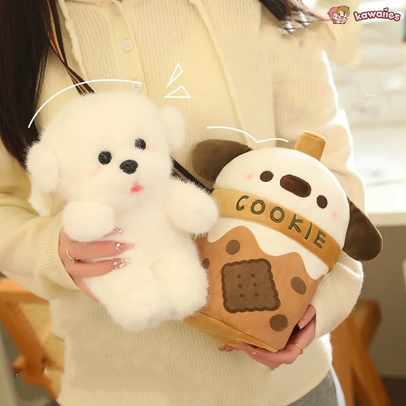 Brehn | Weißer Bichon Frisé Plüsch Bubble Tea Keks Tasche