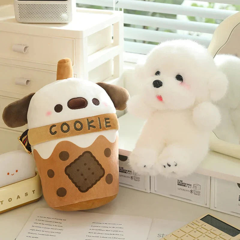 Brehn | Weißer Bichon Frisé Plüsch Bubble Tea Keks Tasche
