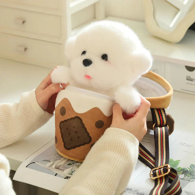 Brehn | Weißer Bichon Frisé Plüsch Bubble Tea Keks Tasche