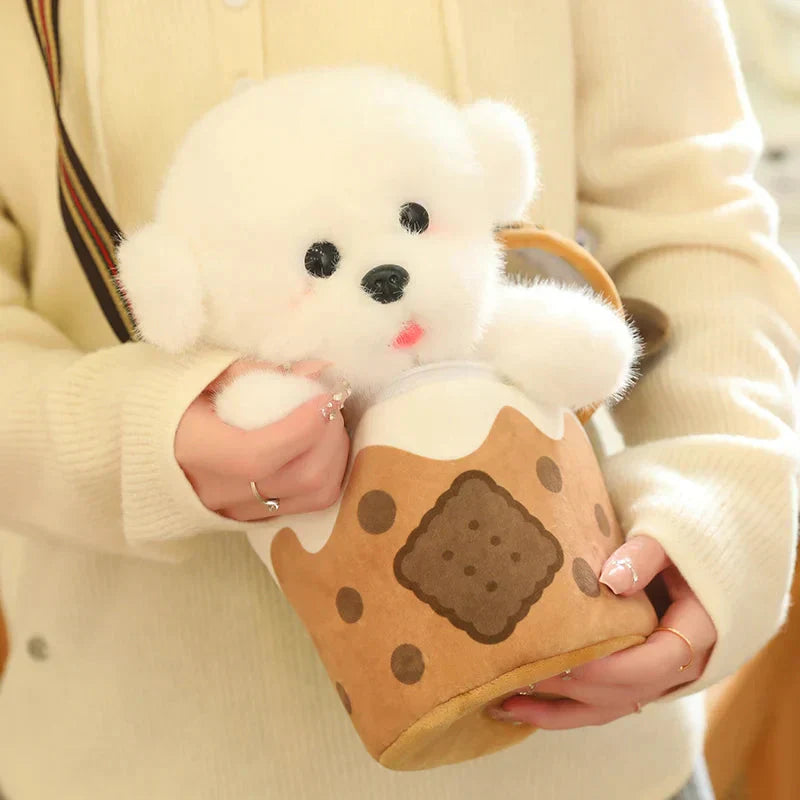 Brehn | Weißer Bichon Frisé Plüsch Bubble Tea Keks Tasche