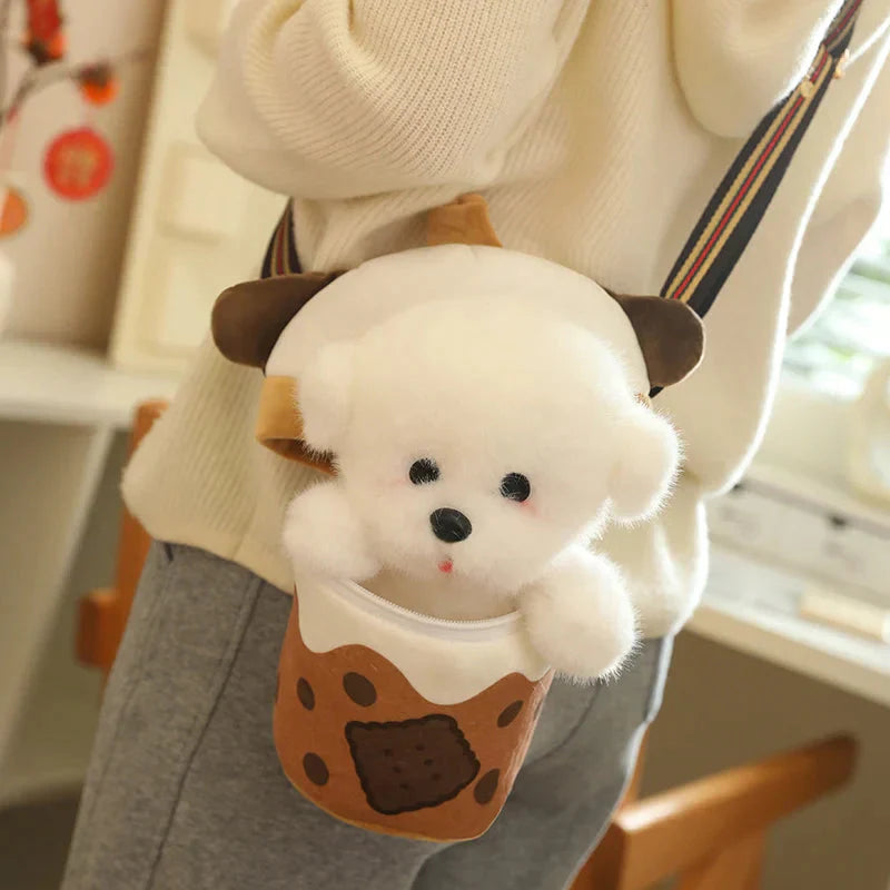 Brehn | Weißer Bichon Frisé Plüsch Bubble Tea Keks Tasche