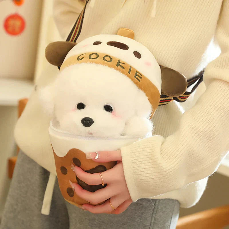 Brehn | Weißer Bichon Frisé Plüsch Bubble Tea Keks Tasche