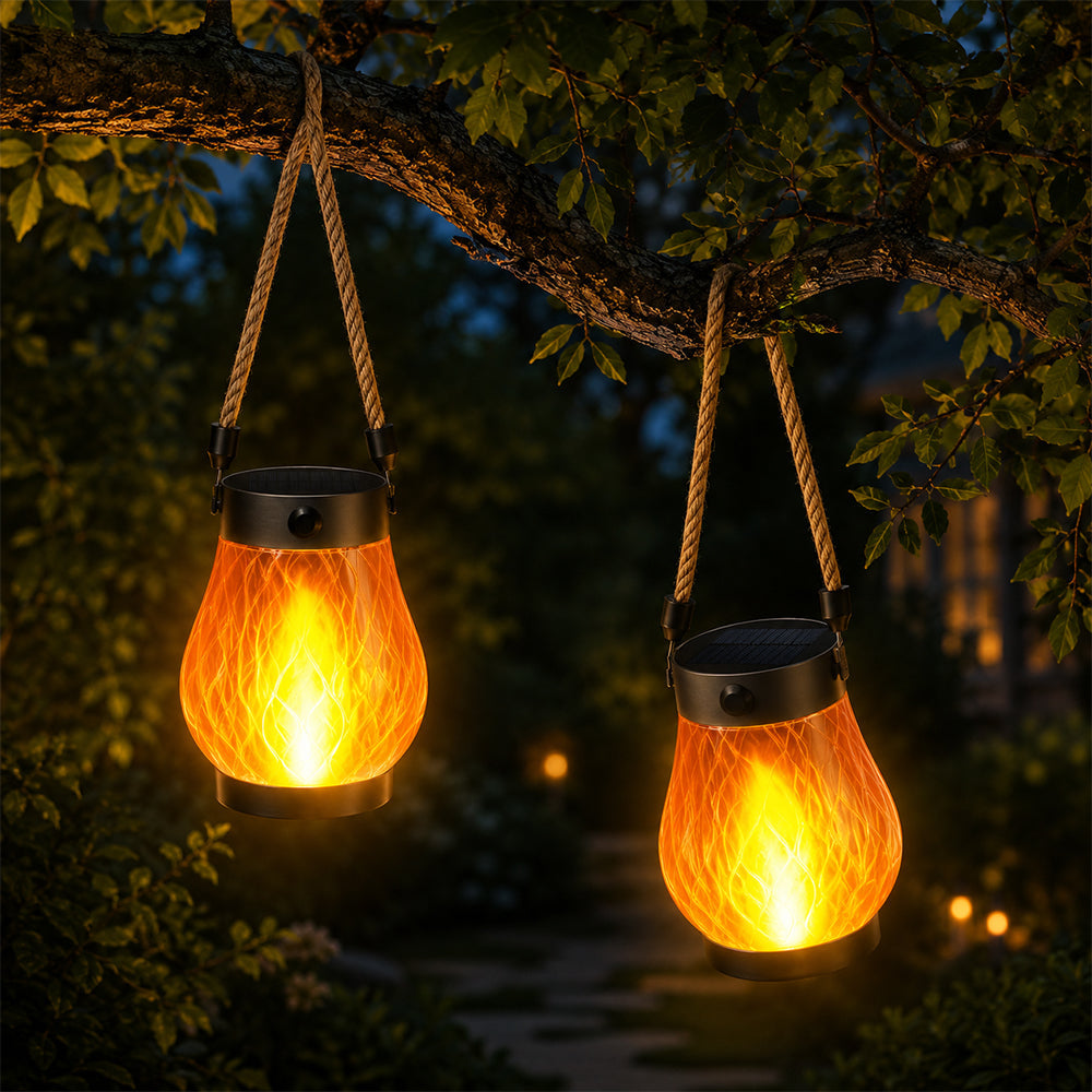 Solar-Laterne Ø12 cm mit Flammeneffekt-Licht und Hanfseil | Brehn