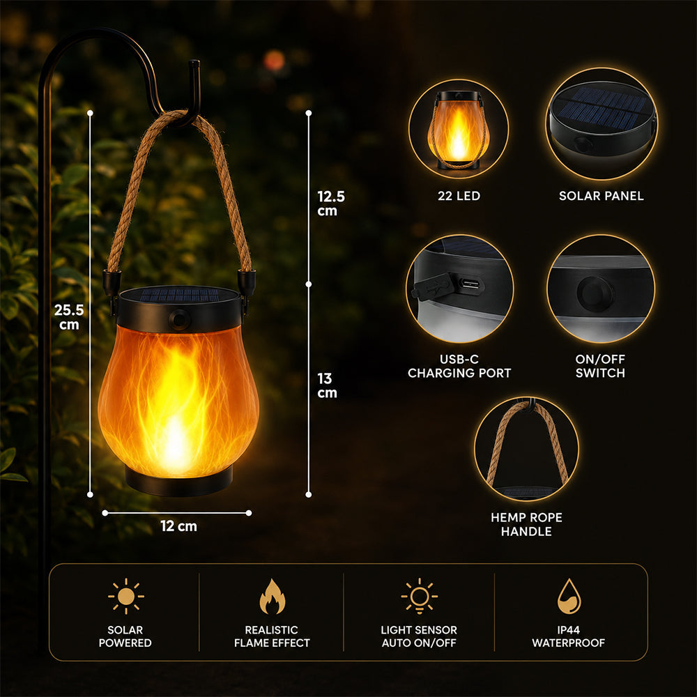 Solar-Laterne Ø12 cm mit Flammeneffekt-Licht und Hanfseil | Brehn
