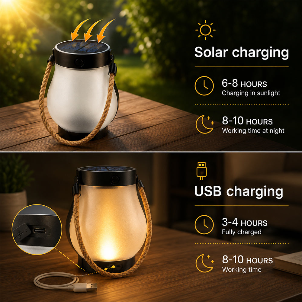 Solar-Laterne Ø12 cm mit Flammeneffekt-Licht und Hanfseil | Brehn