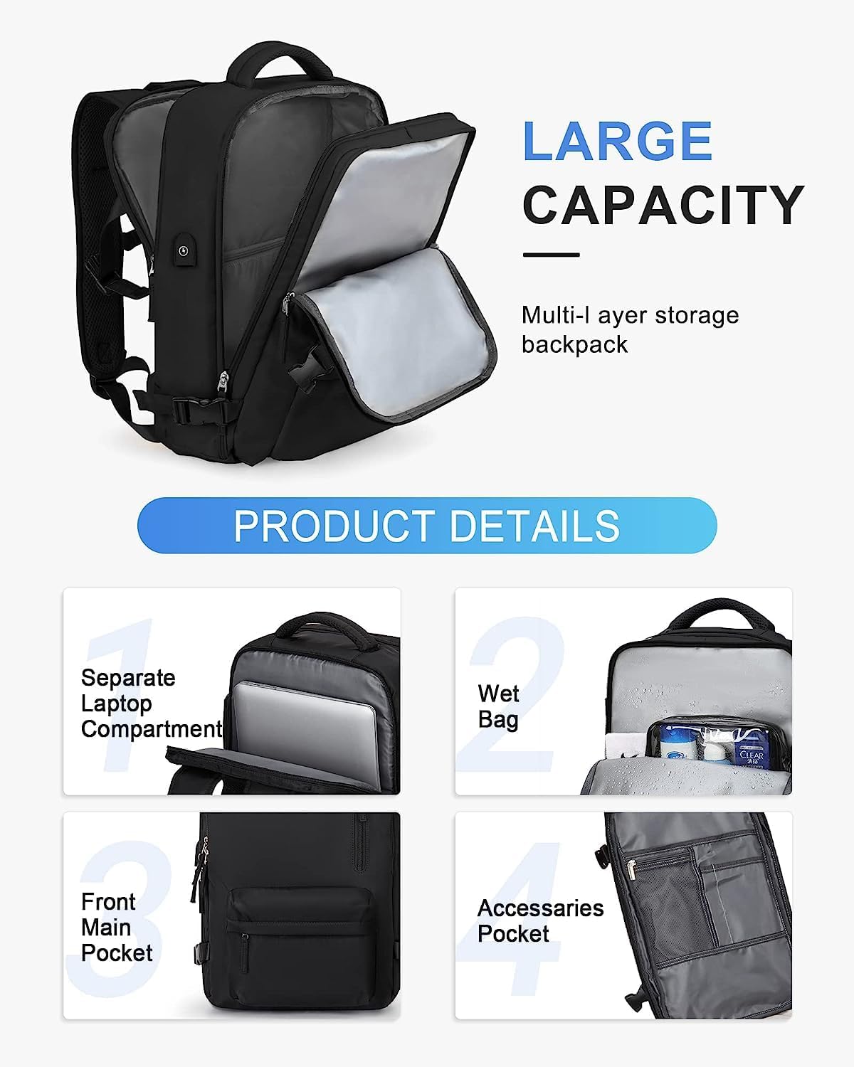 Wasserfester Reise-Rucksack mit Schuhfach & USB-Anschluss – 14" Laptop geeignet | Brehn