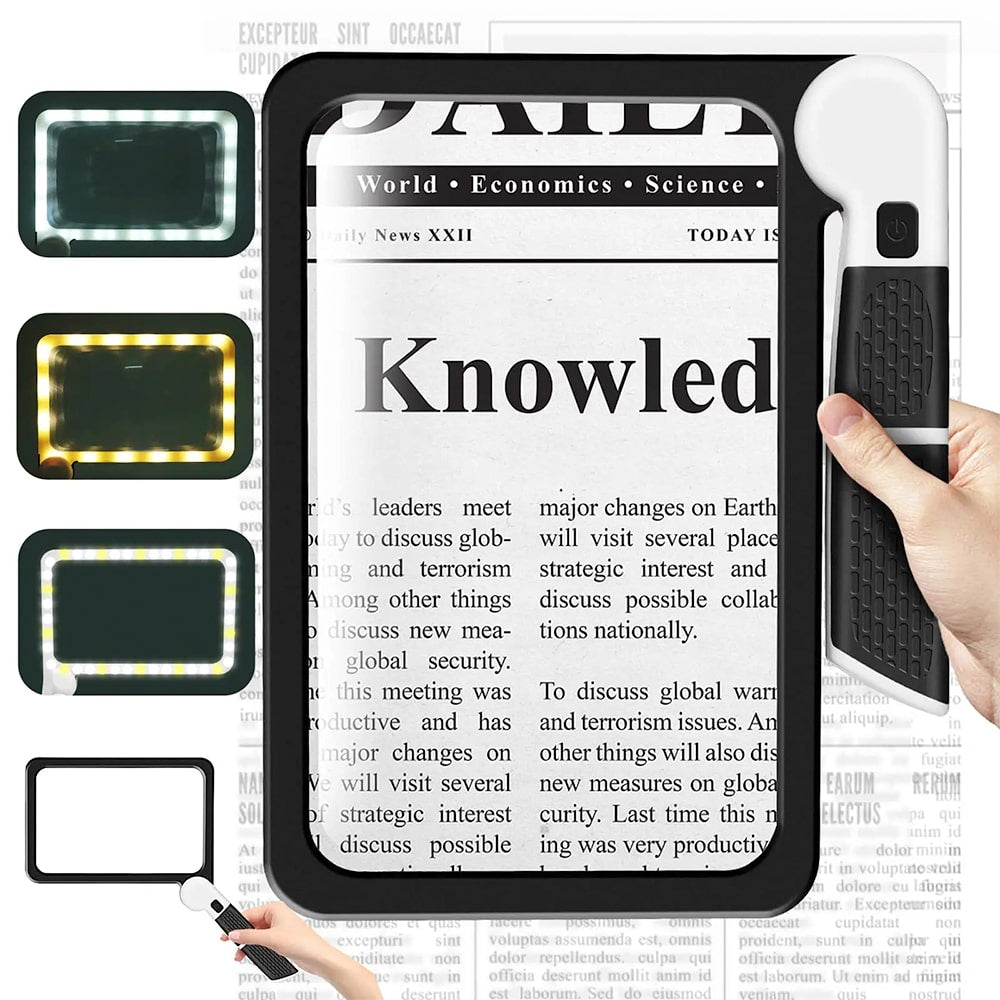 Brehn | Vollseiten Handheld Lupe – 5X Vergrößerung, LED beleuchtete Lupe mit 3 Modi, ideal zum Lesen von Büchern und für Senioren