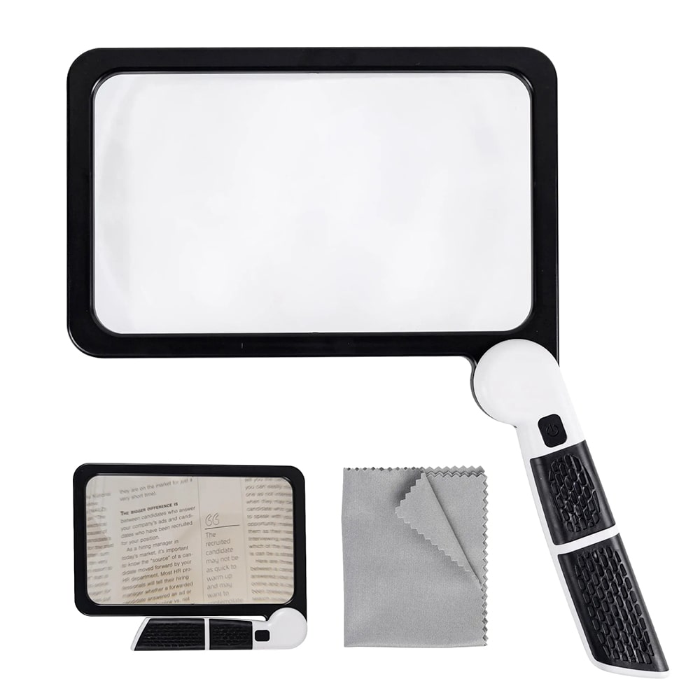 Brehn | Vollseiten Handheld Lupe – 5X Vergrößerung, LED beleuchtete Lupe mit 3 Modi, ideal zum Lesen von Büchern und für Senioren