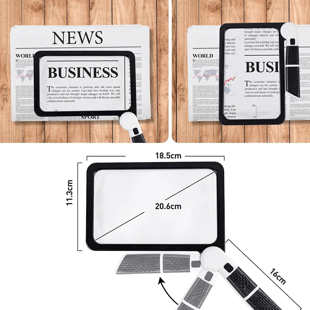 Brehn | Vollseiten Handheld Lupe – 5X Vergrößerung, LED beleuchtete Lupe mit 3 Modi, ideal zum Lesen von Büchern und für Senioren
