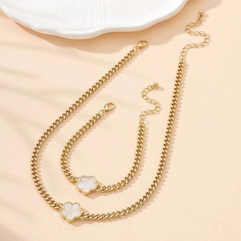 Brehn | Glücks-Klee Cuban Chain Halsketten- und Armband-Set