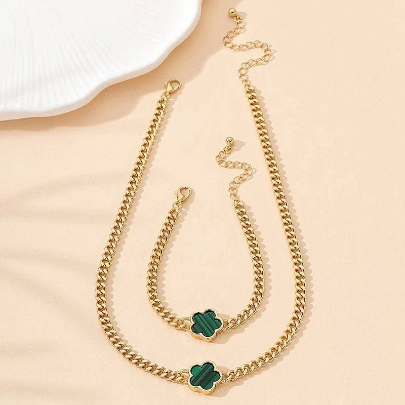 Brehn | Glücks-Klee Cuban Chain Halsketten- und Armband-Set