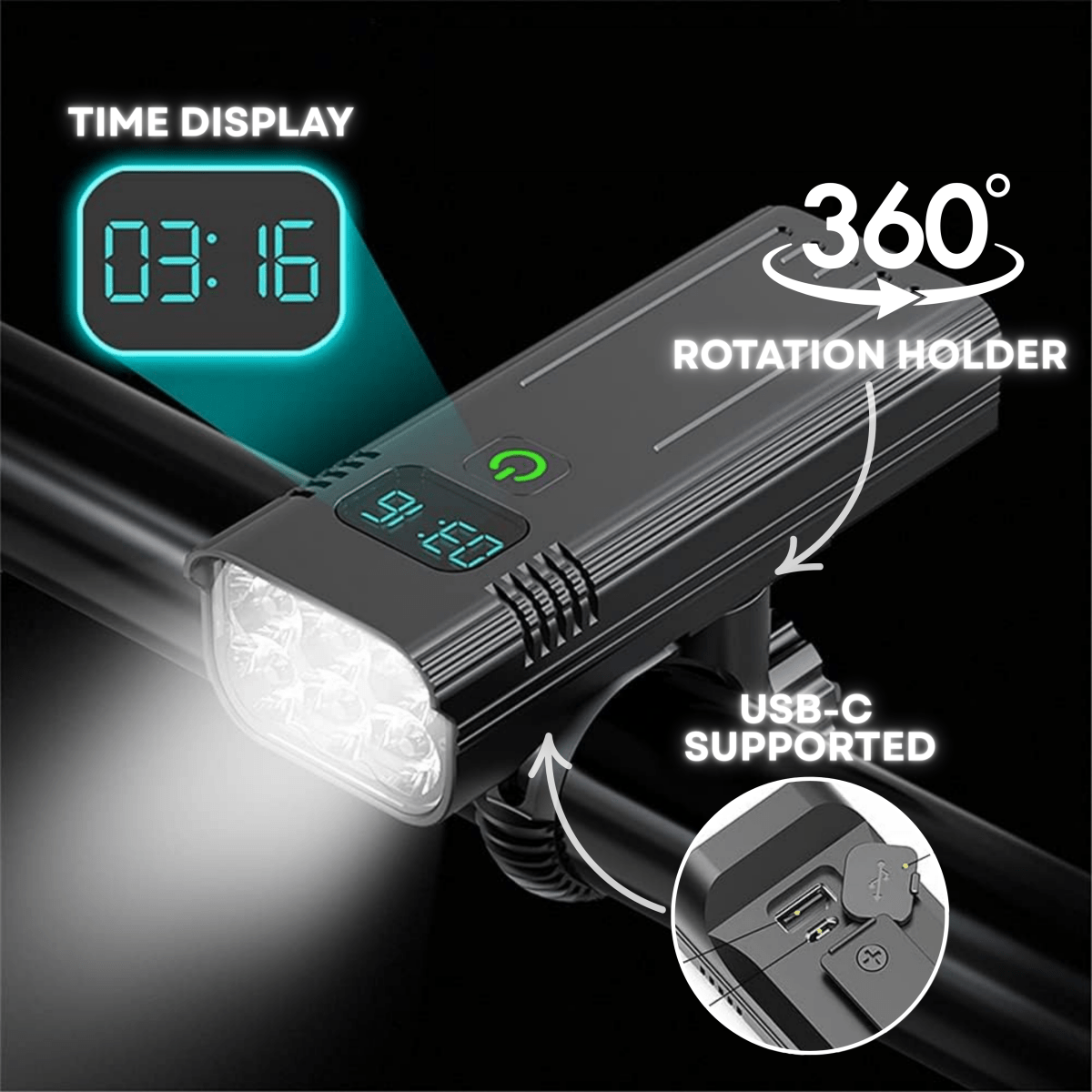 ROADGLOW X – 5000 Lumen Fahrradlampe mit 12 LEDs und wiederaufladbarem USB-C-Akku