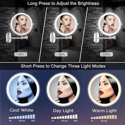 LED-Kosmetikspiegel Wandmontage – doppelseitig 5-fach & 1-fach Vergrößerung, Edelstahl, 3 Lichtfarben dimmbar, Akku mit USB-C, Touch-Steuerung