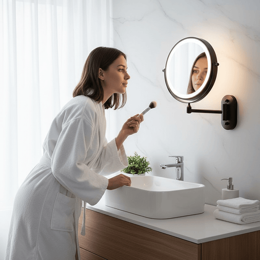 LED-Kosmetikspiegel Wandmontage – doppelseitig 5-fach & 1-fach Vergrößerung, Edelstahl, 3 Lichtfarben dimmbar, Akku mit USB-C, Touch-Steuerung