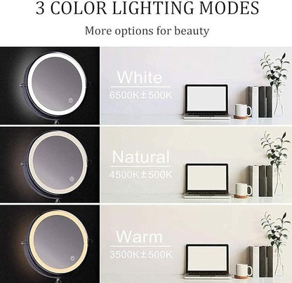 LED-Kosmetikspiegel Wandmontage – doppelseitig 5-fach & 1-fach Vergrößerung, Edelstahl, 3 Lichtfarben dimmbar, Akku mit USB-C, Touch-Steuerung