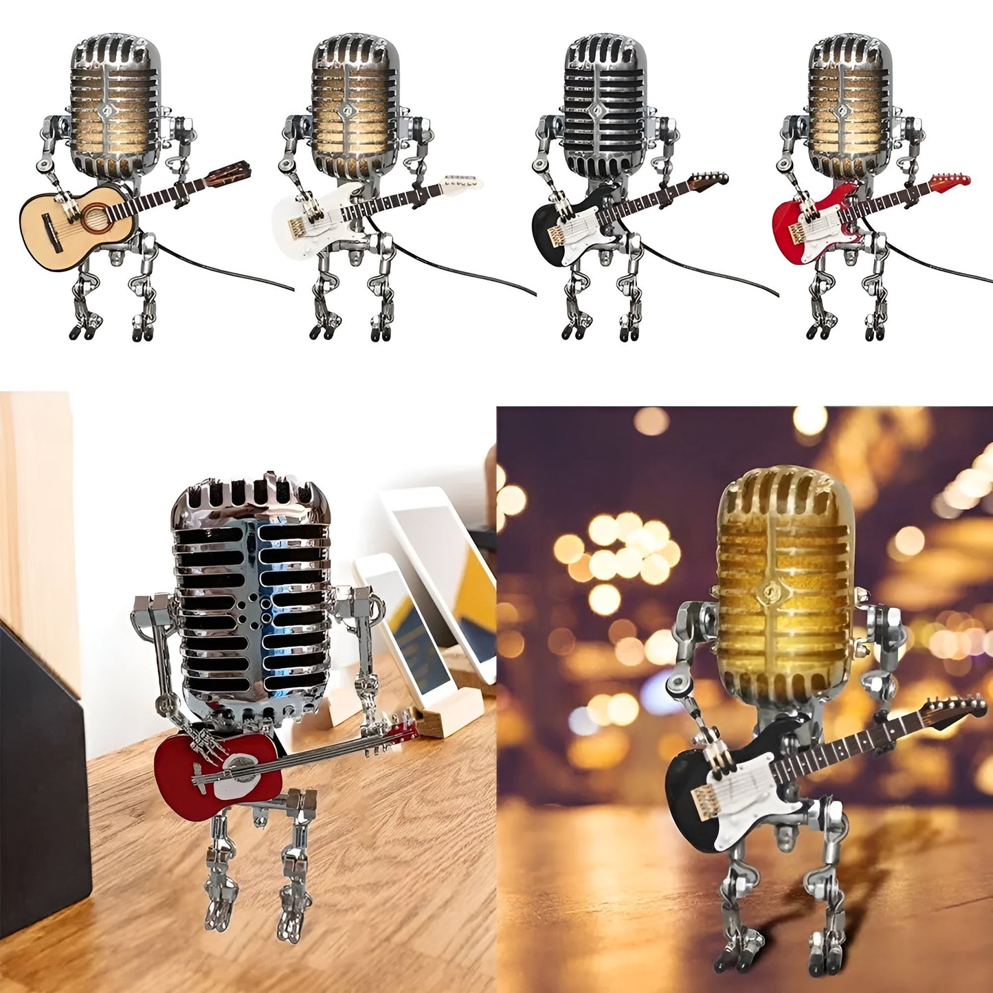 Roboterlampe mit Gitarre – LED-Deko im Vintage-Stil für den Schreibtisch